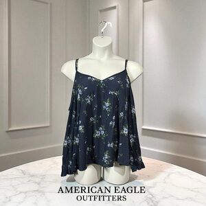 American Eagle Outfitters, Floral Cold Shoulder Blouse, Size L, Navy